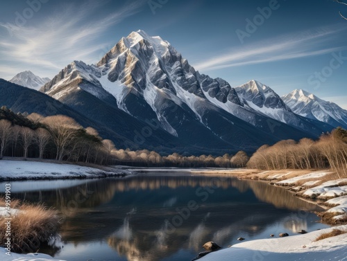 Majestic snowy mountain reflected in serene lake.