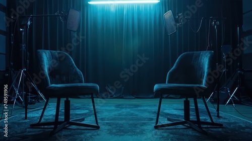 two chairs and microphones in podcast or interview room isolated on dark background photo