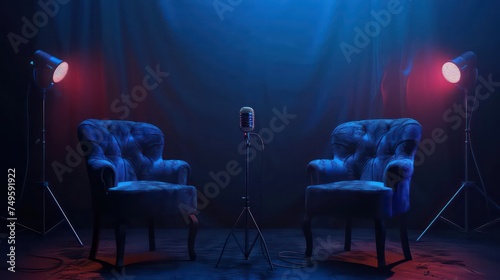 two chairs and microphones in podcast or interview room isolated on dark background photo