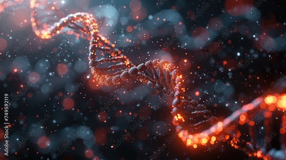 Abstract blue and orange DNA molecule technology background - obrazy, fototapety, plakaty 