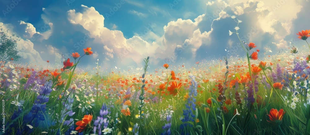 A painting depicting a vast field filled with vibrant wildflowers, showcasing a riot of colors and textures. The flowers sway gently in the breeze under a sunny sky, creating a lively and dynamic