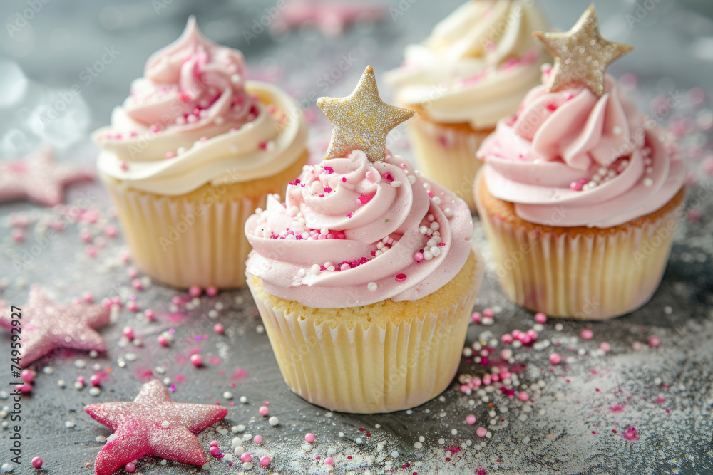 Cute princess themed cupcakes for a little girl decorated with sugar stars. Generative AI