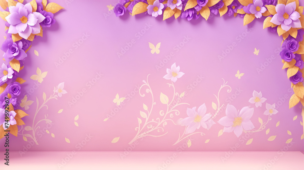 beautiful backdrop with purple and golden paper flowers