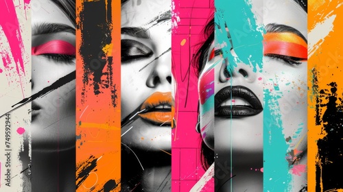 "Triptych painting of women's faces, with black and white panels and vibrant colors."