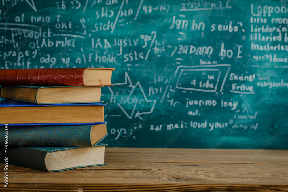 Books on a wooden table, against the background of chalkboard with formulas. Teacher's day concept and back to school Books on a wooden table, against the background of chalkboard with formulas. Teacher's day concept and back to school