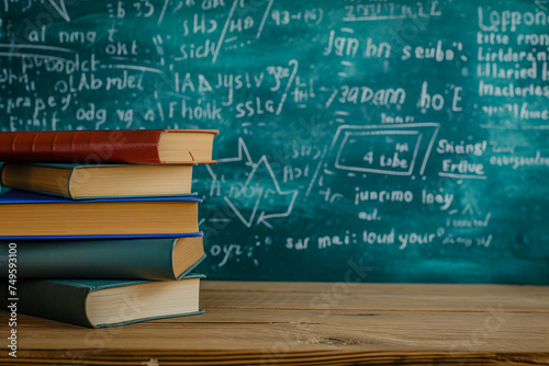 Books on a wooden table, against the background of chalkboard with formulas. Teacher's day concept and back to school