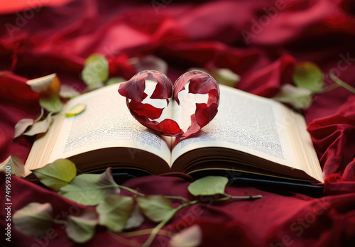 Book pages curved into heart shape on pink background Paper book in the shape of a heart on the background of bokeh hearts. valentine's day concept.love symbol