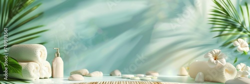 Bath products are arranged on a table with green palm leaves on either side.