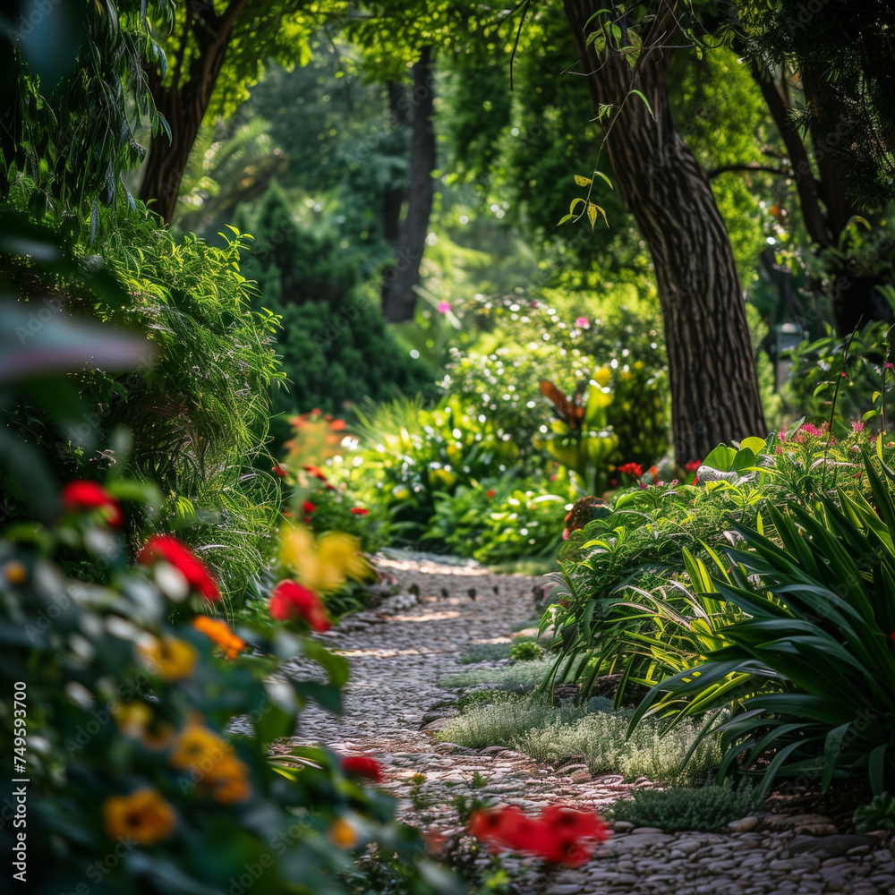 Serene Garden Pathway Surrounded by Lush Greenery and Vibrant Flowers Serene Garden Pathway Surrounded by Lush Greenery and Vibrant Flowers