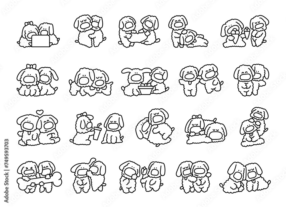 Fototapeta premium Cute couples dogs friendship. Coloring Page. Pets hugging, sitting together cartoon characters. Hand drawn style. Vector drawing. Collection of design elements.
