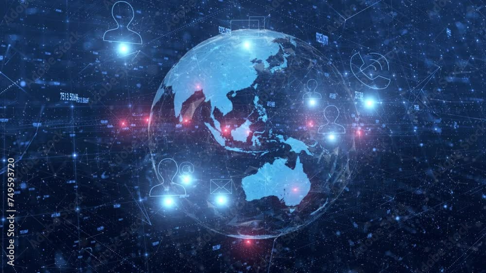 Cyberspace digital network icons with 3d earth planet loop animation