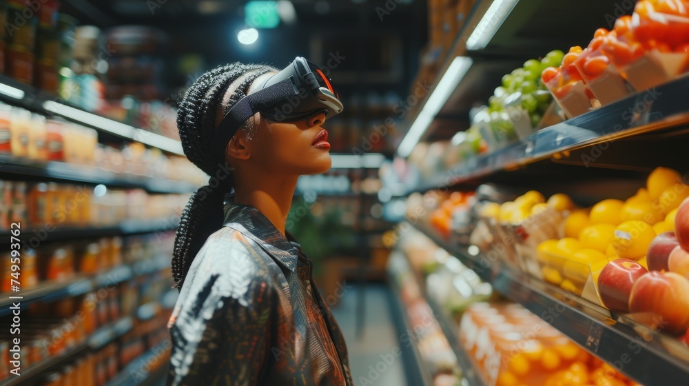 Woman wearing virtual reality glasses shopping at supermarket, new modern technology of integrated reality Online shopping and ecommerce concept.