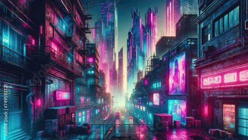 a futuristic cyberpunk cityscape, atmospheric fog shrouds the alleyways where glowing neon signs illuminate the urban landscape.