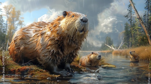 A beaver and a baby beaver in the fluid environment of a river