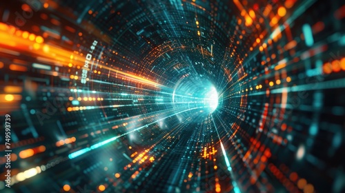 Futuristic visualization of a digital data tunnel with flowing lines of code and light points, symbolizing high-speed data transfer and advanced communication technology.