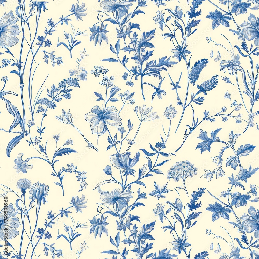 Herbs and flowers of spring as toile de jouy seamless repeating pattern in blue color