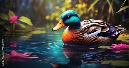 Illustrate a realistic scene of a neon-feathered duck wading in shallow water, with the vibrant colors casting a radiant glow on the surrounding flora. -AI Generative