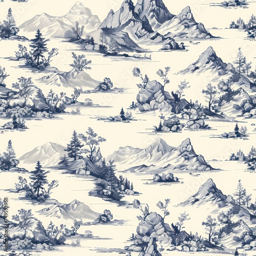 Landscape with mountains and hills in black on white as toile de jouy seamless repeating pattern