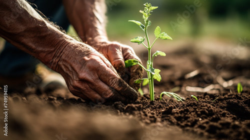 Grains are planted with old hands, seeds are planted in the soil at sunset. Agriculture and horticulture