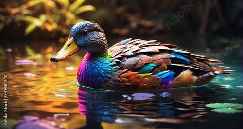 Illustrate a realistic scene of a neon-feathered duck wading in shallow water, with the vibrant colors casting a radiant glow on the surrounding flora. -AI Generative