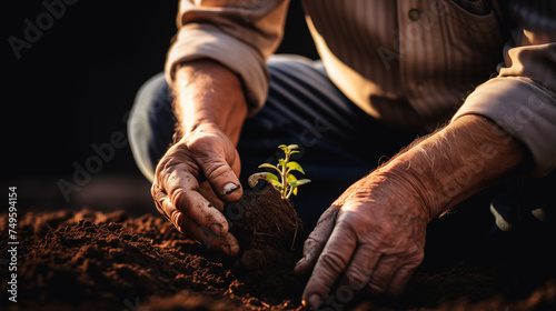 With old hands, a sprout is planted in the soil at sunset. Agriculture and horticulture