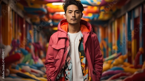 A stylish Japanese model posing against a backdrop of colorful street art, wearing a mix of bold and pastel colors in his outfit, with the image captured in high definition