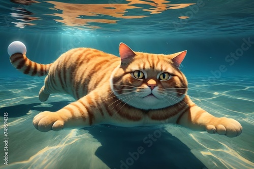 A fat cat in a cap swims in the sea underwater photo