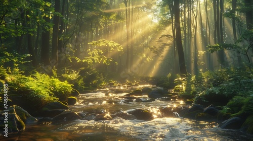 Sunlight filtering through trees onto a river in the woodland landscape