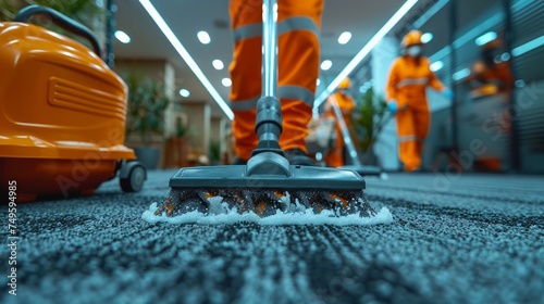 Person in Orange Suits Cleaning Carpet With Vacuum