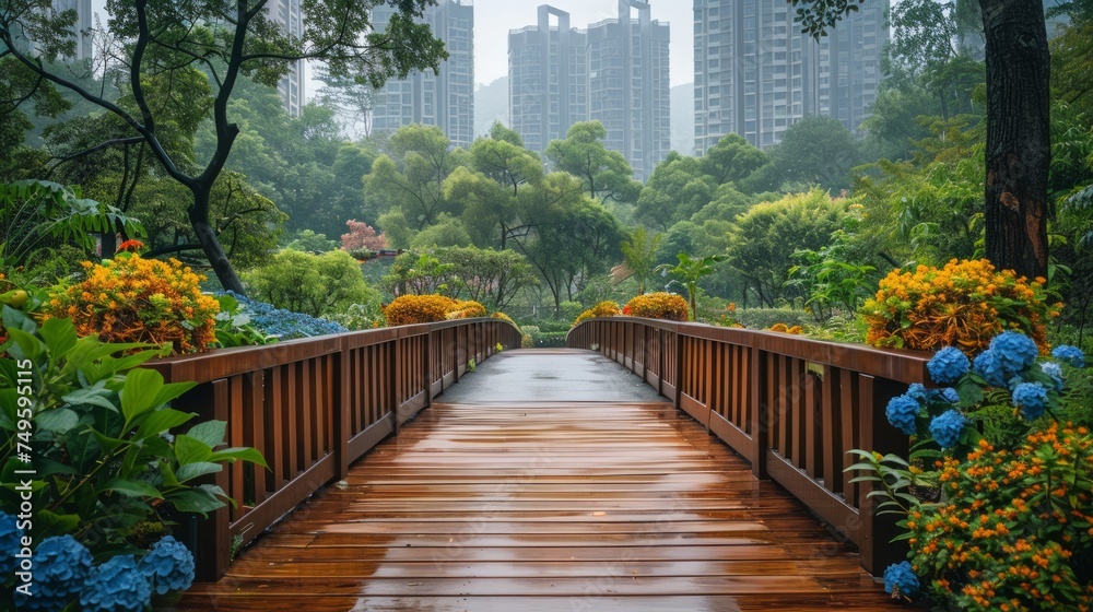 Wooden Bridge Surrounded by Flowers and Trees
