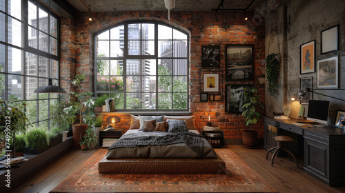 Bedroom With Brick Wall and Lots of Windows