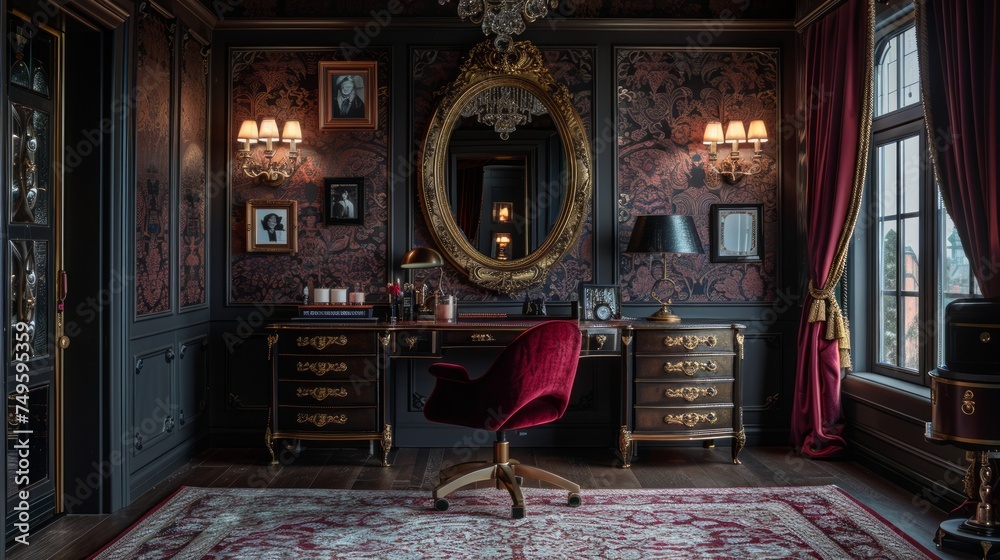 Room With Chair, Mirror, Rug, and Chandelier