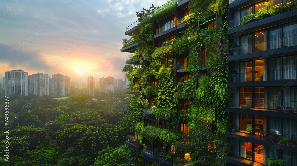 Towering Building Covered in Lush Green Plants Towering Building Covered in Lush Green Plants