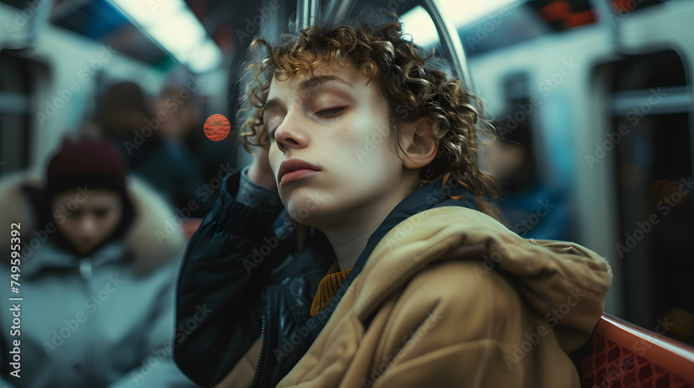 Tired people in subway train coming back from home, frustrated of workload, depressed in life