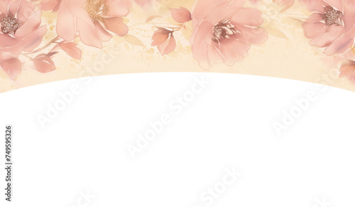 elegant floral frame top border background in peach, blush, gold accents romantic