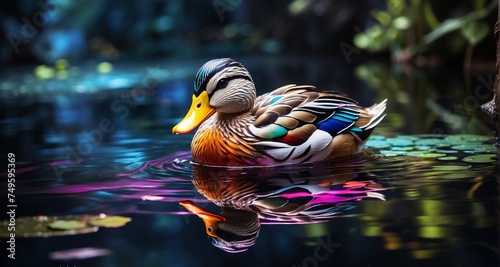 Craft an ultra-realistic image of a duck with neon-colored feathers swimming gracefully on a reflective pond. Pay meticulous attention to the intricate details of each neon-hued feather-AI Generative