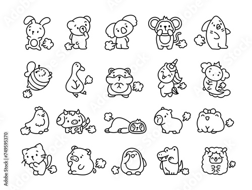 Cute and funny farting animals. Coloring Page. Cartoon characters. Hand drawn style. Vector drawing. Collection of design elements.