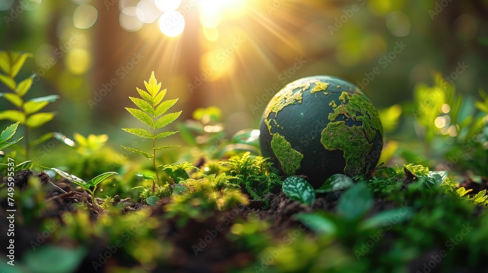 Globe in the grass with bokeh background, save the earth concept- Environment / Earth Day Concept
