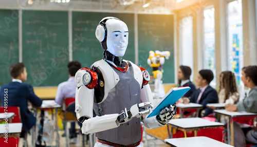 Robot cyborg teacher (lecturer) in the classroom and students are blurred background