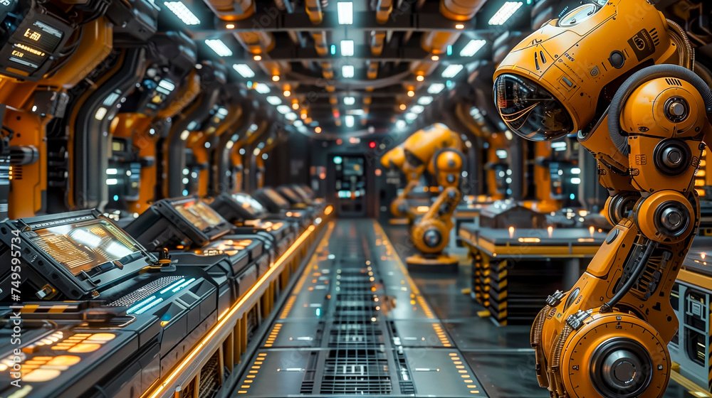 Futuristic Industrial Scene Featuring Sleek, Yellow Robotic Arms Lining Both Sides Of A Corridor