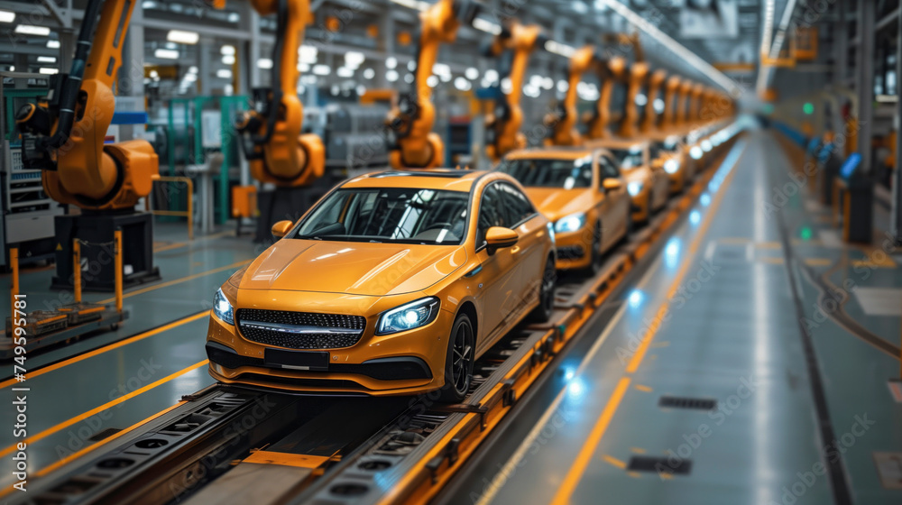 Obraz premium Sleek Line Of Golden Cars On An Assembly Line Flanked By Robotic Arms In A Modern Automotive Plant