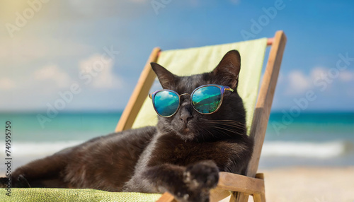Black cat with sunglasses relaxing in a sun lounger on the beach