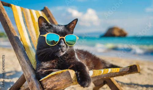 Cool cat with sunglasses relaxing in a sun lounger on the beach
