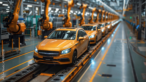 Sleek Line Of Golden Cars On An Assembly Line Flanked By Robotic Arms In A Modern Automotive Plant © Greg Kelton