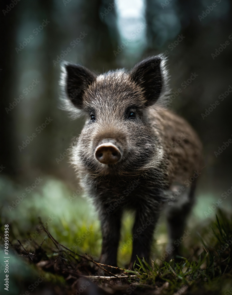 Portrait of a wild boar younglings in dark forest macro photography Portrait of a wild boar younglings in dark forest macro photography