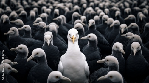 A close up white seagull among black birds. Generative AI