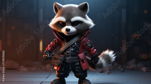 Stylish dressed Raccoon Character in a Dark Sci-fi Scene. Generative AI.