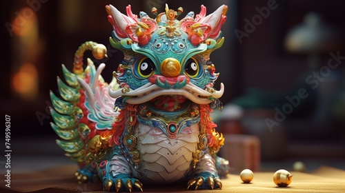 A vibrant, close-up view of a dragon statue showcasing its intricate details and vivid colors. Generative AI