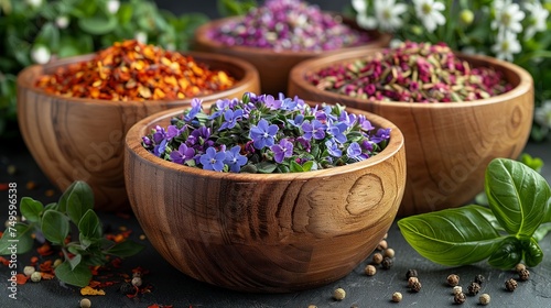 Four wooden bowls filled with various herbs and spices