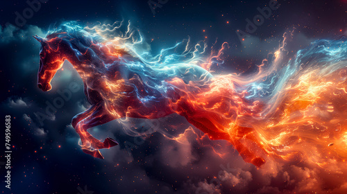 Ethereal Unicorn Composed Of Vibrant Flames And Electric Blue Energy, Galloping Cosmic Expanse.
